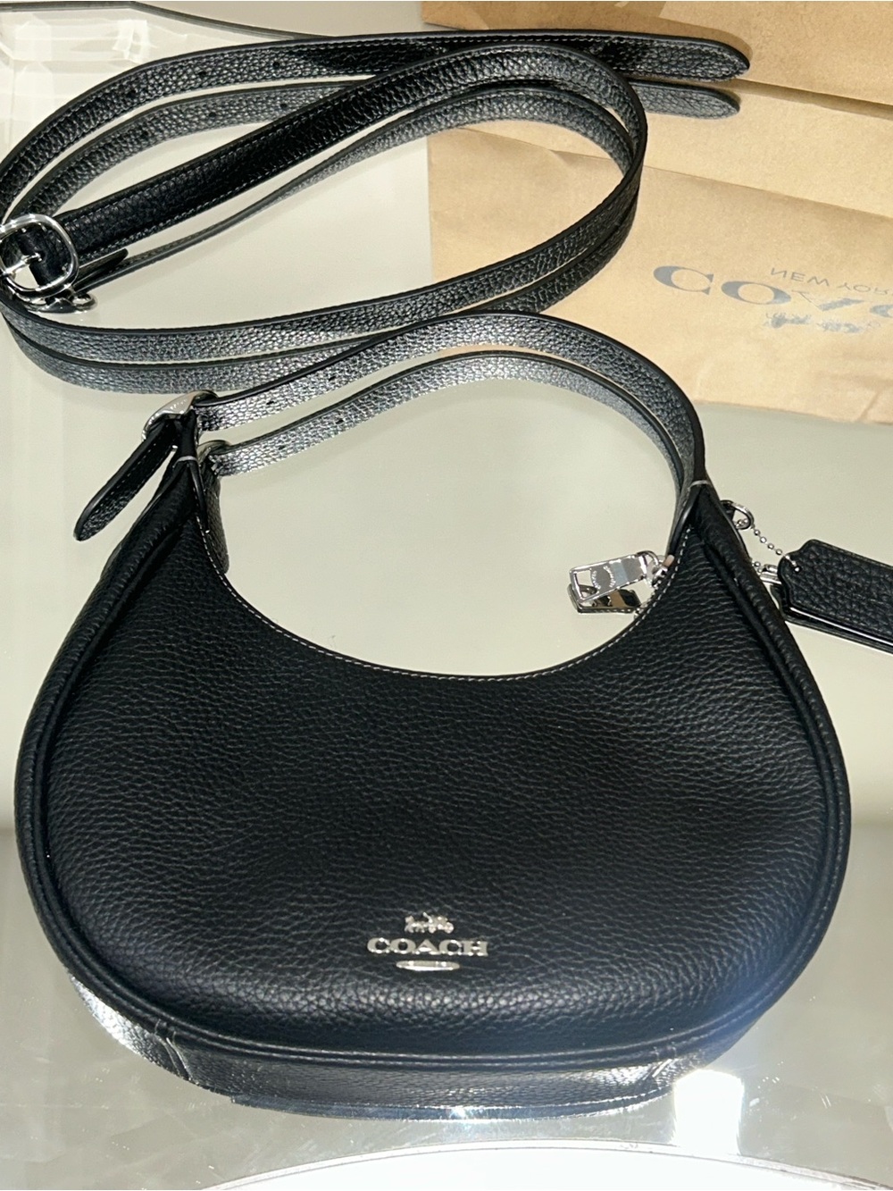 Coach Black Pebble Leather Crescent Shoulder Bag with Silver Hardware - Picture 6 of 9